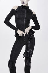Manteau Punk pour Femme à Motif Floral Irrégulier Élastique avec Col Tricoté à Fermeture Noire et Ruban Épaules Dénudées
